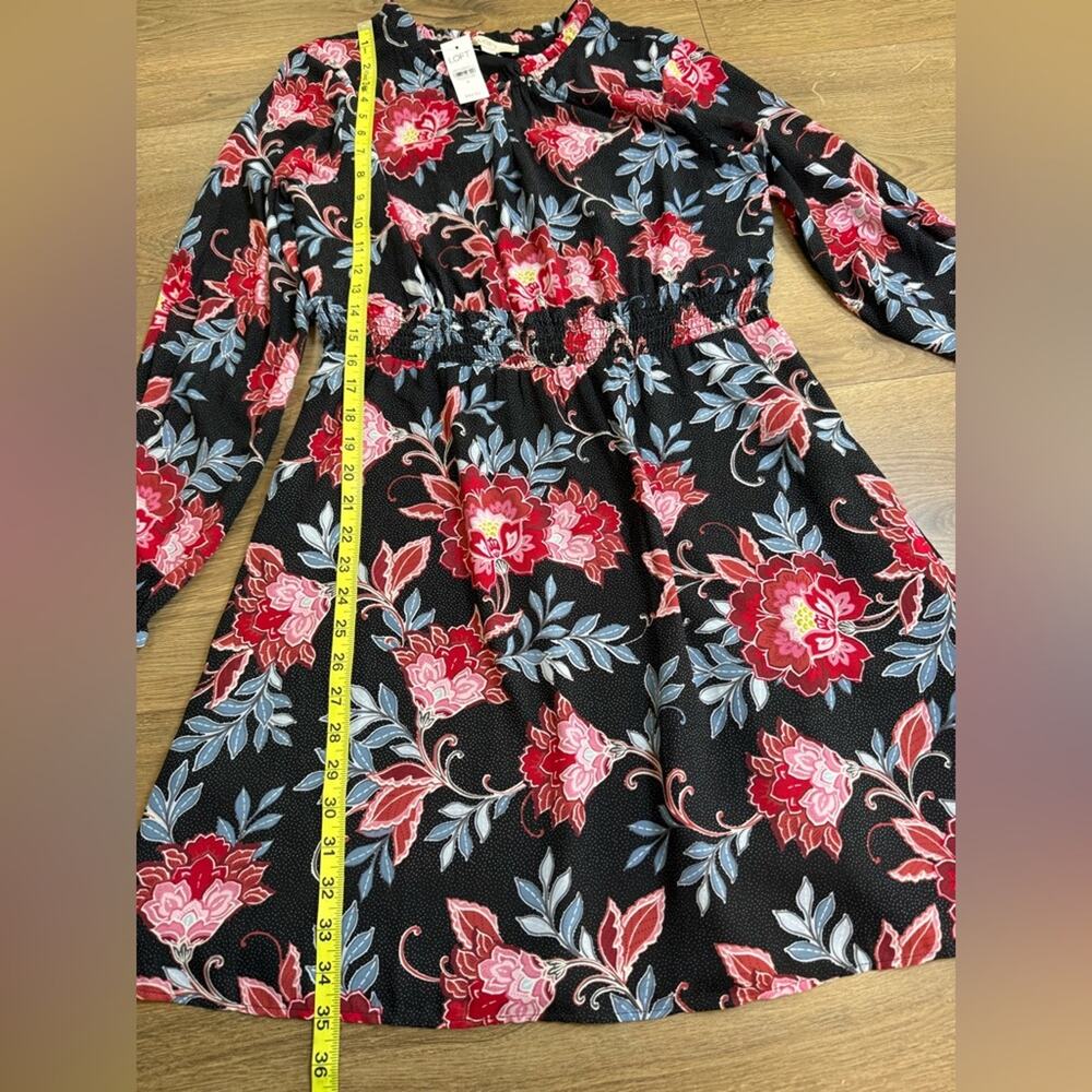 NWT LOFT Floral Smocked Waist Long Sleeve Mini Dress Black Red Blue Size 8 - Picture 9 of 9